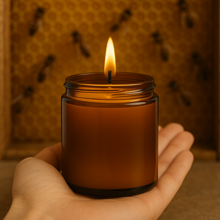 Świeca z wosku pszczelego w brązowym szkle  MAŁA