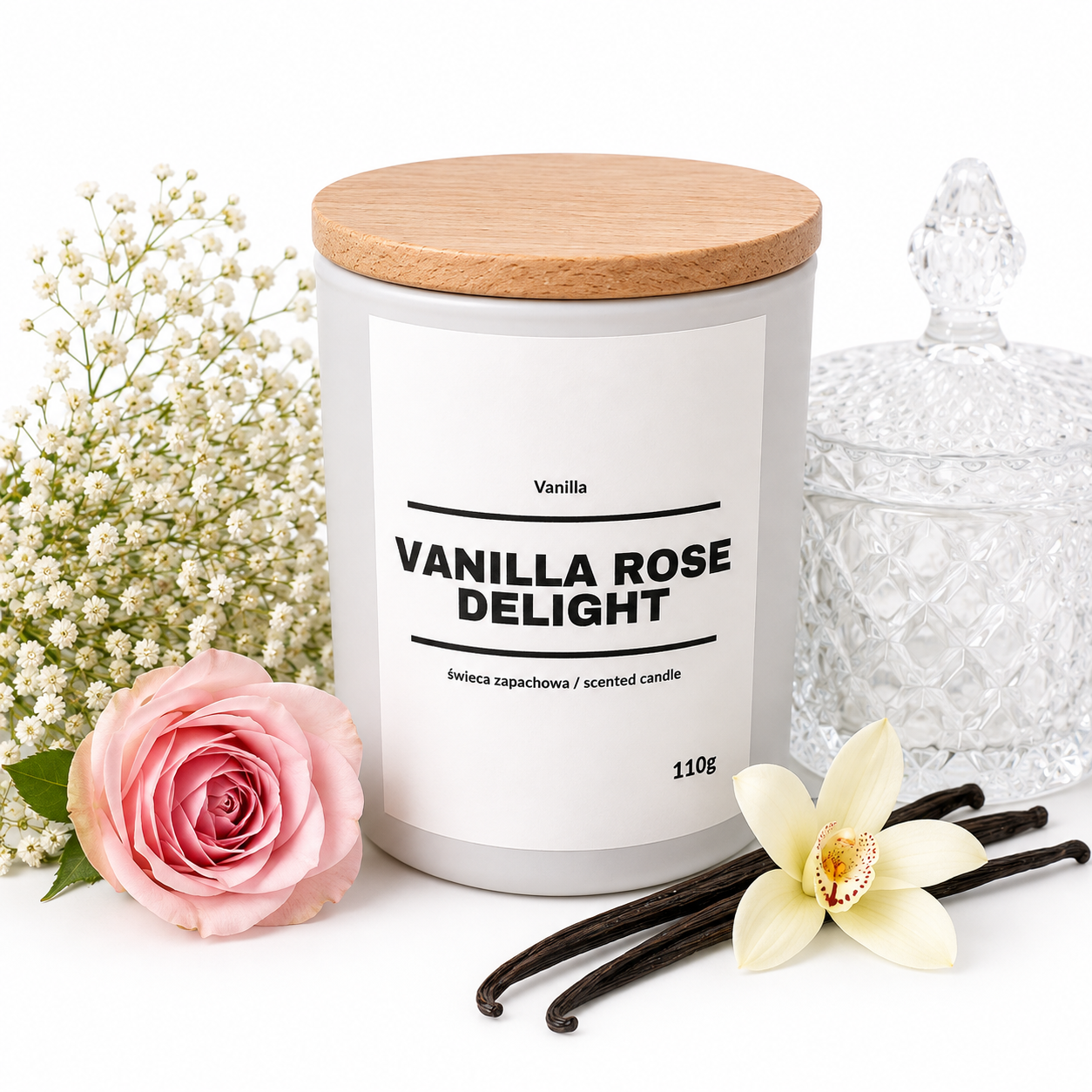 Świeca zapachowa VANILA ROSE DELIGHT 10% 110g - białe szkło - obrazek 3
