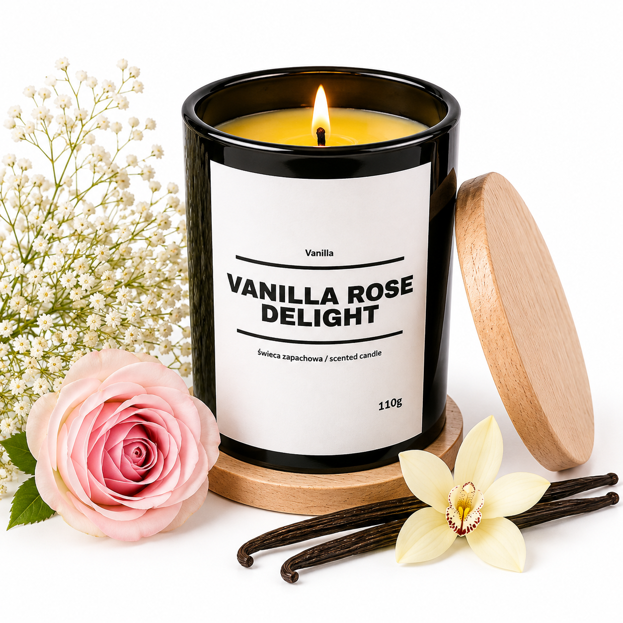 Świeca zapachowa VANILA ROSE DELIGHT 10% 110g - czarne szkło - obrazek 3