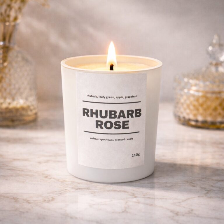 Świeca zapachowa RHUBARB ROSE 10% 110g - białe szkło