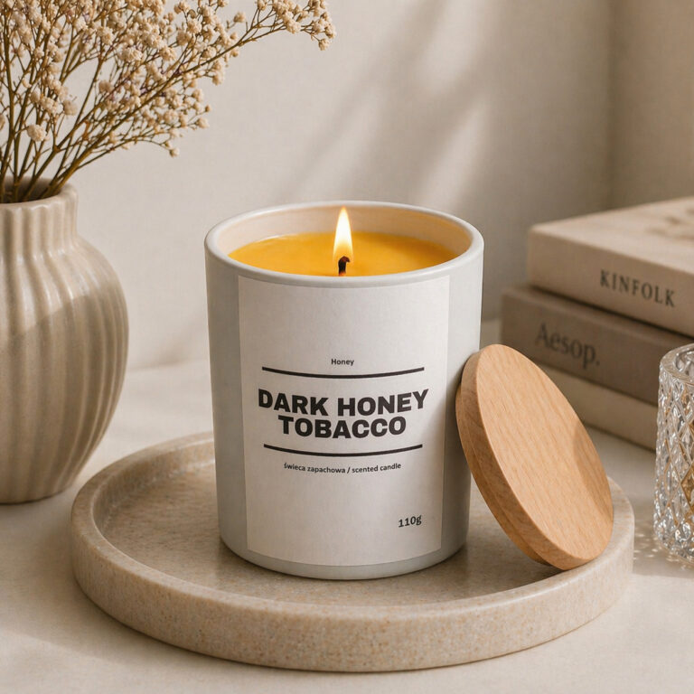 Świeca zapachowa DARK HONEY TOBACCO 10% 110g - białe szkło