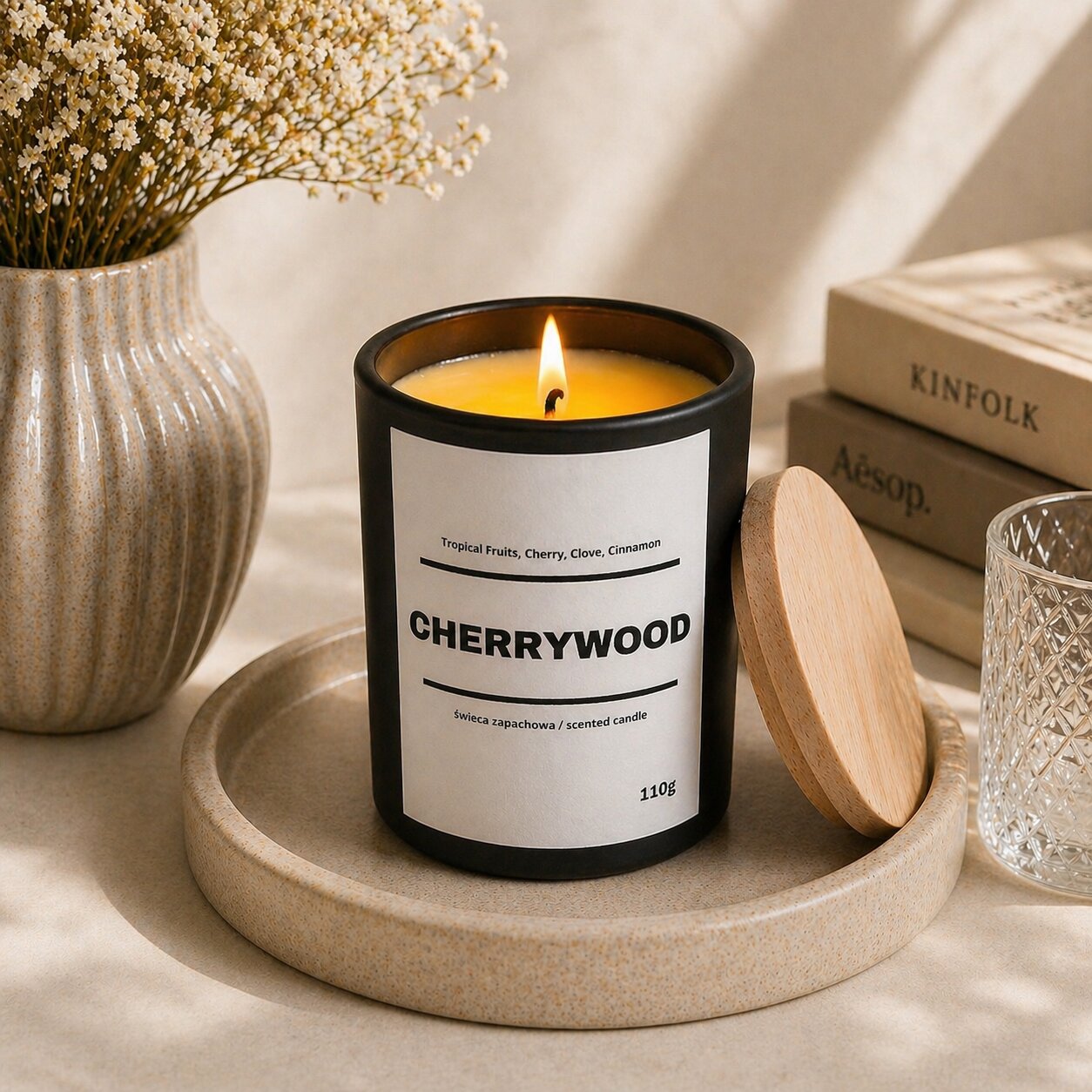 Świeca zapachowa CHERRYWOOD 10% 110g - czarne szkło - obrazek 2