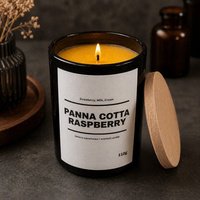 Świeca zapachowa PANNA COTTA RASPBERRY 10% 110g - czarne szkło