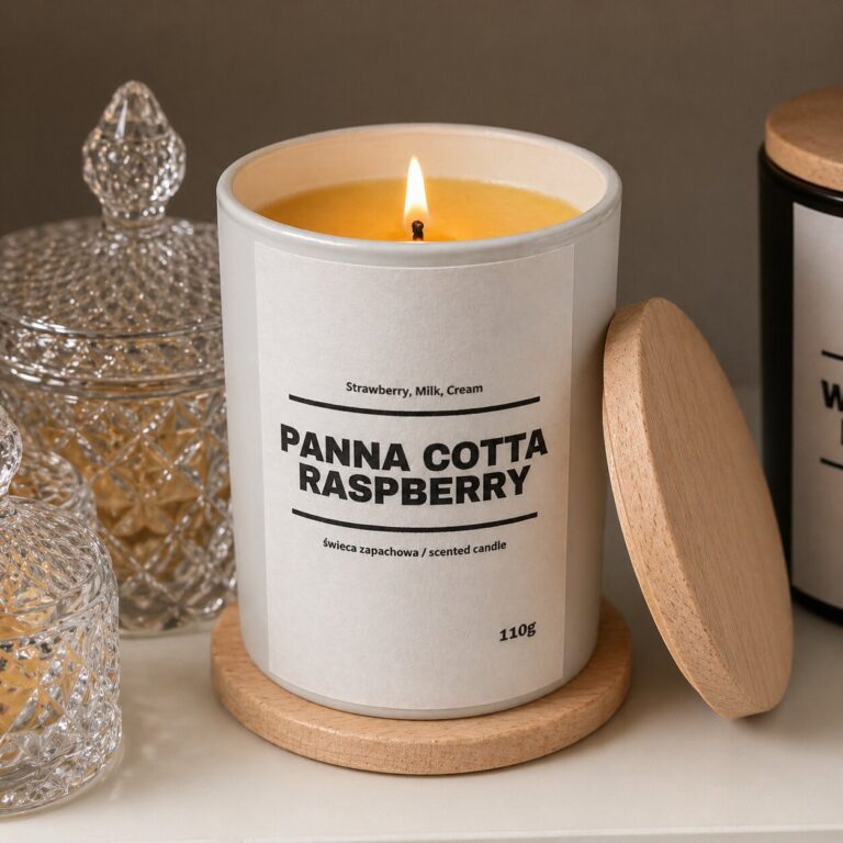 Świeca zapachowa PANNA COTTA RASPBERRY 10% 110g - białe szkło