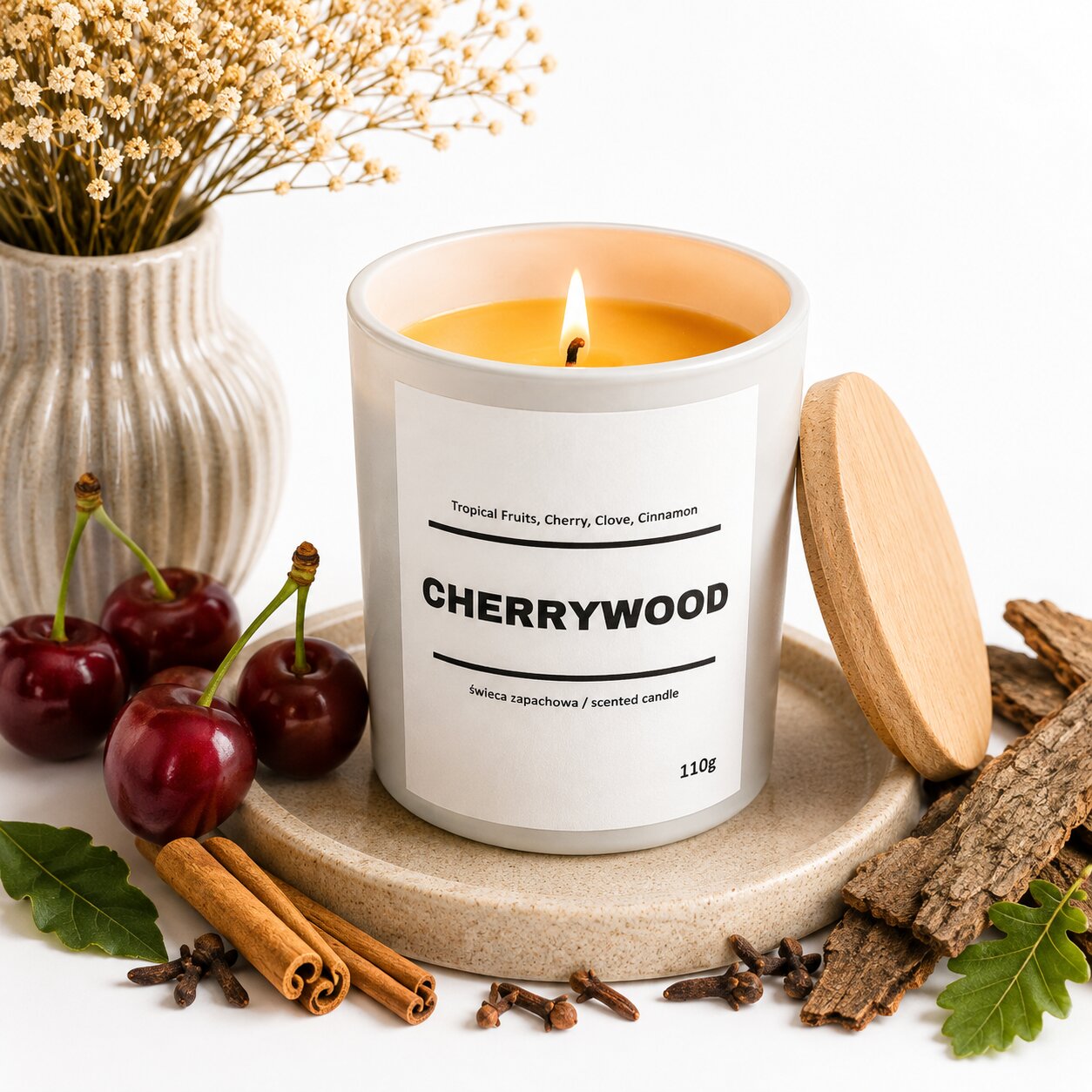 Świeca zapachowa CHERRYWOOD 10% 110g - białe szkło - obrazek 3