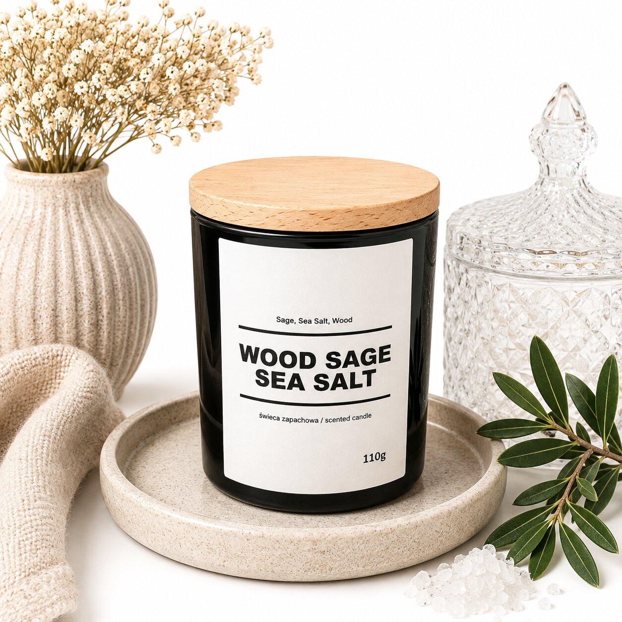 Świeca zapachowa WOOD SAGE SEA SALT 10% 110g - czarne szkło - obrazek 3
